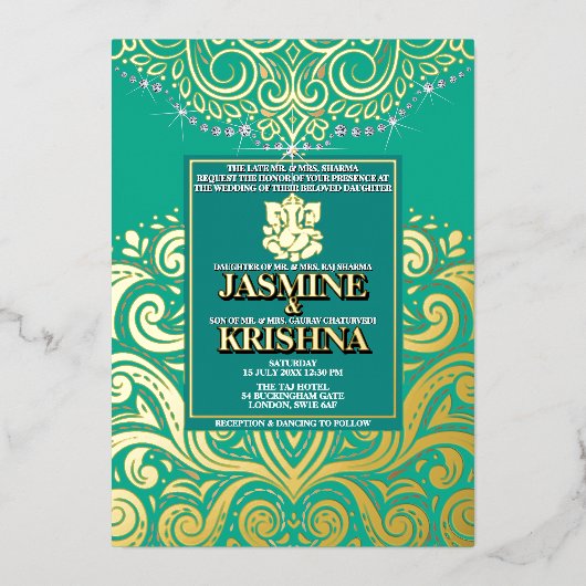 LuxGlitter Pauw Goud Ganesha Hindoe bruiloft Folie Uitnodiging (Voorkant)