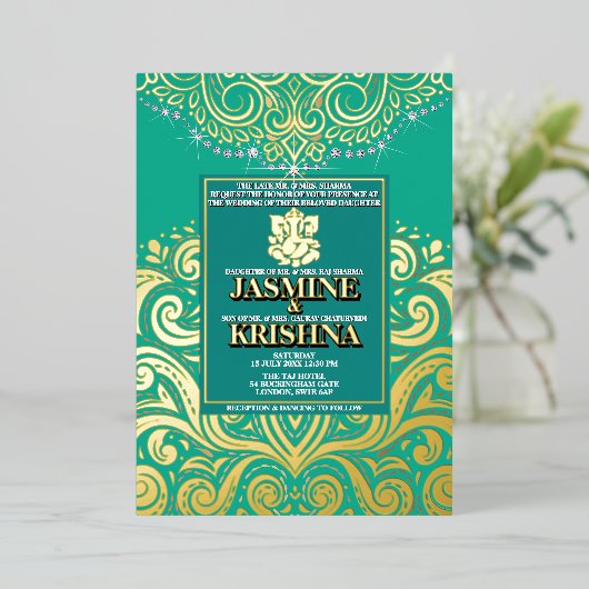 LuxGlitter Pauw Goud Ganesha Hindoe bruiloft Folie Uitnodiging (Staand Voorkant)