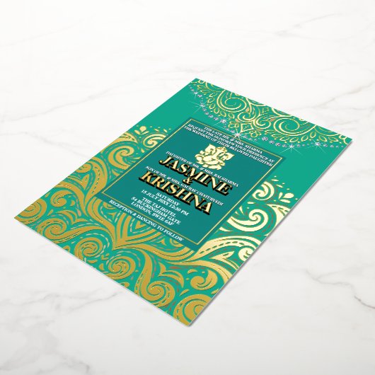 LuxGlitter Pauw Goud Ganesha Hindoe bruiloft Folie Uitnodiging (Gedraaid)