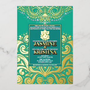 LuxGlitter Pauw Goud Ganesha Hindoeïstische Trouwf Folie Uitnodiging