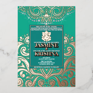 LuxGlitter Pauw Roze Goud Ganesha Hindoe bruiloft Folie Uitnodiging