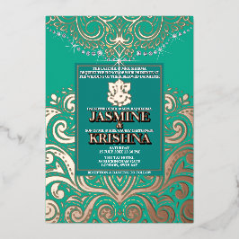 LuxGlitter Pauwblauw RozeGoud Ganesha Hindoe Huwel Folie Uitnodiging