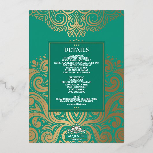 LuxGlitter Peacock Gold Sikh Anand Karaj Wedding Folie Uitnodiging (Achterkant)