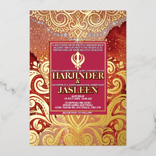 LuxGlitter Red Sikh Anand Karaj Indiase bruiloft Folie Uitnodiging (Voorkant)