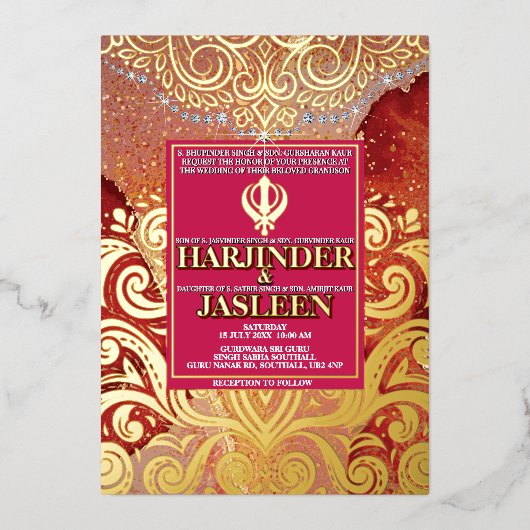 LuxGlitter Red Sikh Anand Karaj Indiase bruiloft Folie Uitnodiging (Voorkant)
