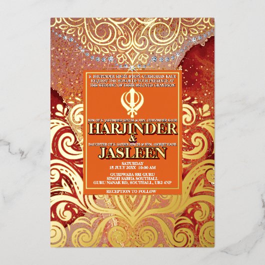 LuxGlitter Red Sikh Anand Karaj Indiase bruiloft Folie Uitnodiging (Voorkant)