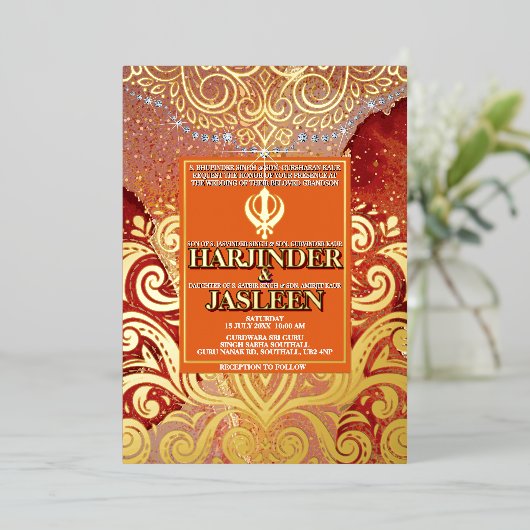 LuxGlitter Red Sikh Anand Karaj Indiase bruiloft Folie Uitnodiging (Staand Voorkant)