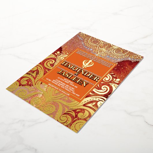 LuxGlitter Red Sikh Anand Karaj Indiase bruiloft Folie Uitnodiging (Gedraaid)