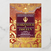 LuxGlitter Red Sikh Anand Karaj Indiase bruiloft Folie Uitnodiging (Voorkant)