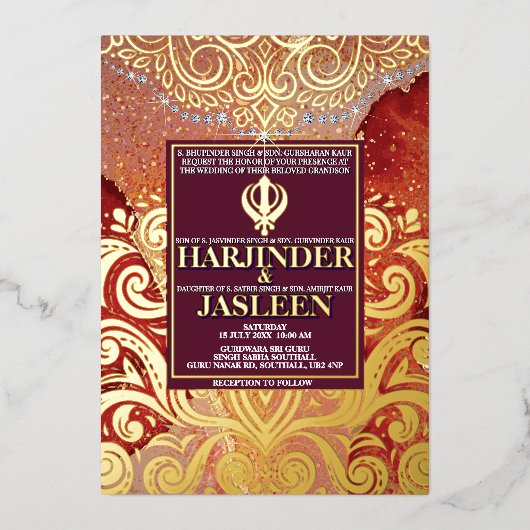 LuxGlitter Red Sikh Anand Karaj Indiase bruiloft Folie Uitnodiging (Voorkant)