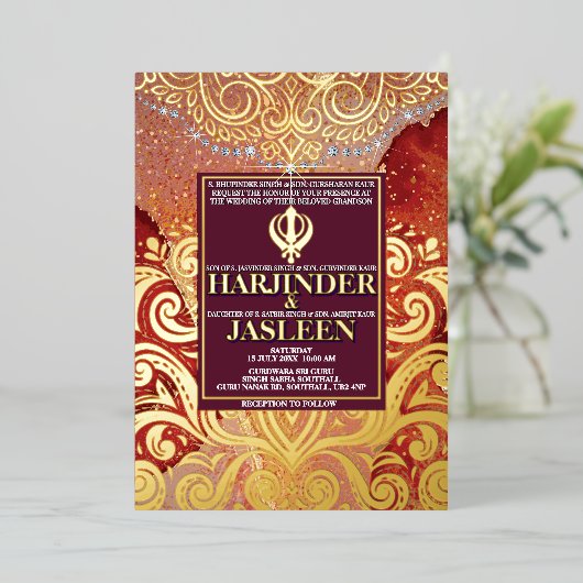 LuxGlitter Red Sikh Anand Karaj Indiase bruiloft Folie Uitnodiging (Staand Voorkant)