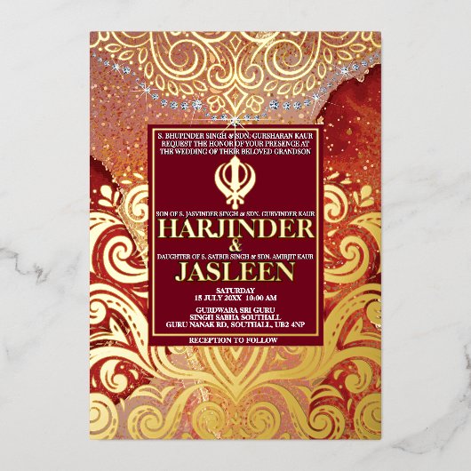 LuxGlitter Red Sikh Anand Karaj Indiase bruiloft Folie Uitnodiging (Voorkant)