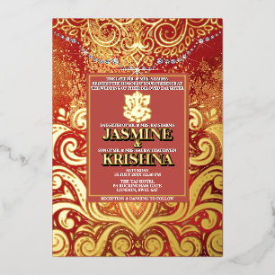 LuxGlitter Rood Goud Hindoe Ganesha Indiase bruilo Folie Uitnodiging