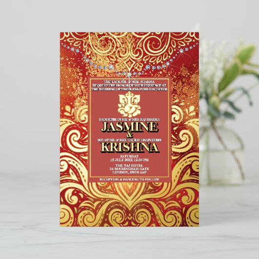 LuxGlitter Rood Goud Hindoe Ganesha Indiase bruilo Folie Uitnodiging (Staand Voorkant)