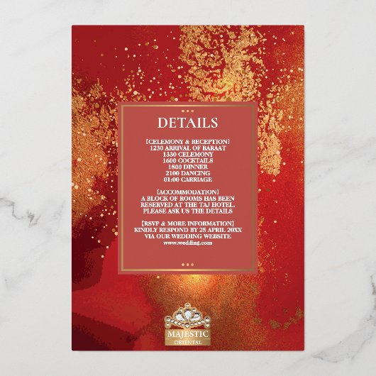 LuxGlitter Rood Goud Hindoe Ganesha Indiase bruilo Folie Uitnodiging (Achterkant)