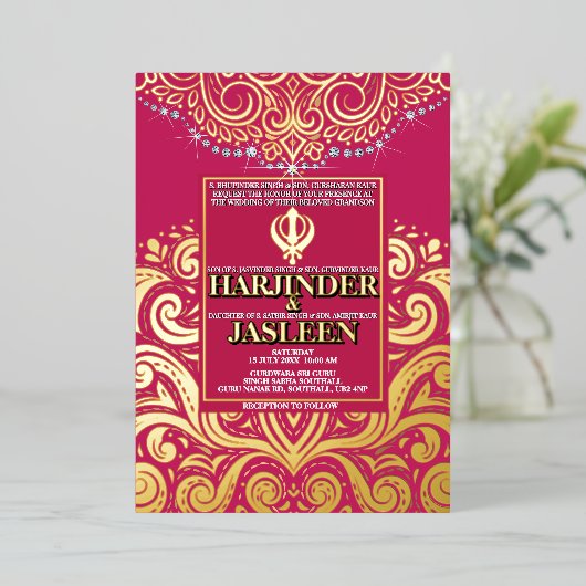 LuxGlitter Roos Roze Gouden Sikh Anand Karaj Trouw Folie Uitnodiging (Staand Voorkant)