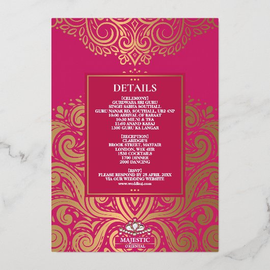 LuxGlitter Roos Roze Gouden Sikh Anand Karaj Trouw Folie Uitnodiging (Achterkant)