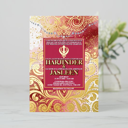 LuxGlitter Roze & Goud Sikh Anand Karaj Wedding Folie Uitnodiging (Staand Voorkant)