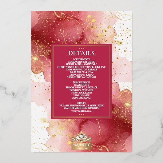 LuxGlitter Roze & Goud Sikh Anand Karaj Wedding Folie Uitnodiging (Achterkant)