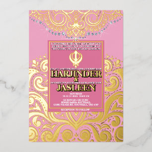 LuxGlitter Roze Gouden Sikh Anand Karaj Huwelijk Folie Uitnodiging