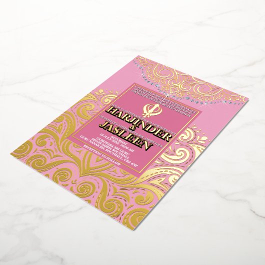 LuxGlitter Roze Gouden Sikh Anand Karaj Huwelijk Folie Uitnodiging (Gedraaid)