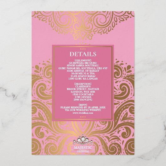 LuxGlitter Roze Gouden Sikh Anand Karaj Huwelijk Folie Uitnodiging (Achterkant)