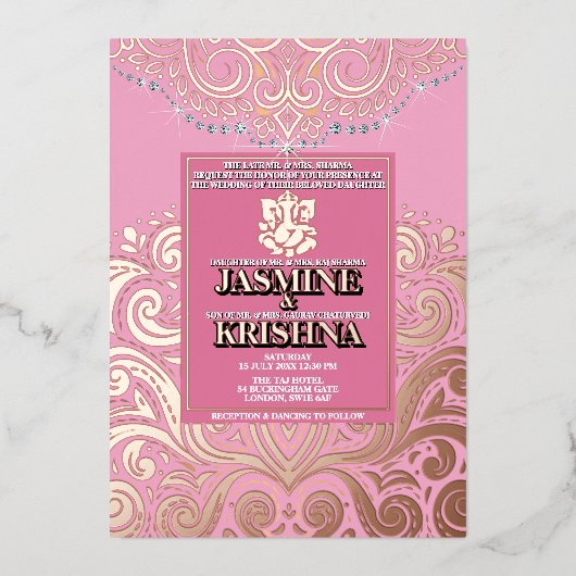 LuxGlitter Roze Roze Goud Ganesha Hindoe bruiloft Folie Uitnodiging (Voorkant)