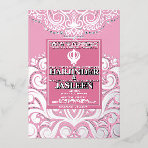 LuxGlitter Roze Zilver Sikh Anand Karaj Trouwfeest Folie Uitnodiging
