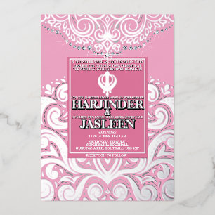 LuxGlitter Roze Zilveren Sikh Anand Karaj Wedding Folie Uitnodiging