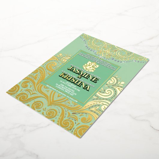 LuxGlitter Sage Green Gold Ganesha Hindoe bruiloft Folie Uitnodiging (Gedraaid)