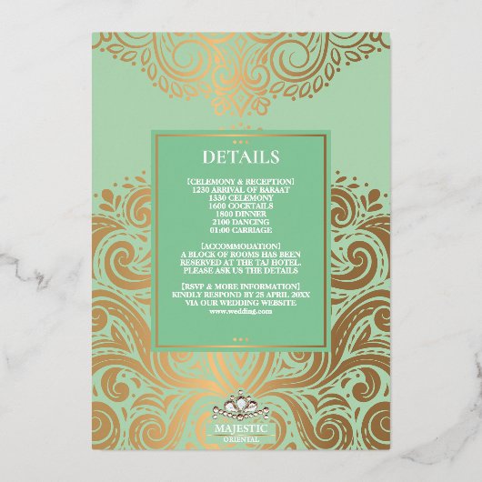 LuxGlitter Sage Green Gold Ganesha Hindoe bruiloft Folie Uitnodiging (Achterkant)