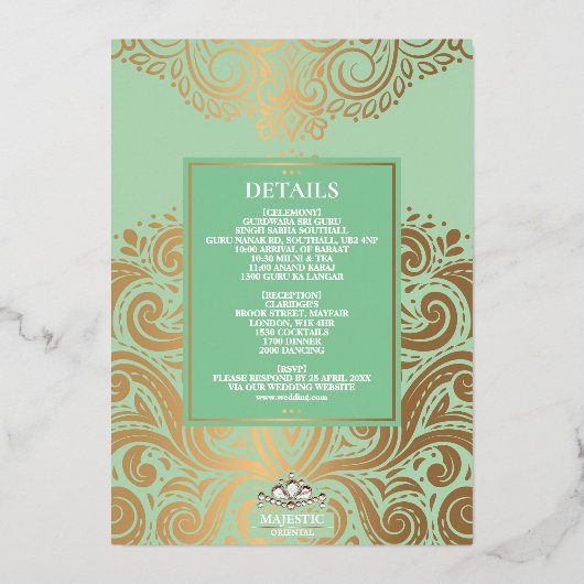 LuxGlitter Sage Green Gold Sikh Anand Karaj Weddin Folie Uitnodiging (Achterkant)