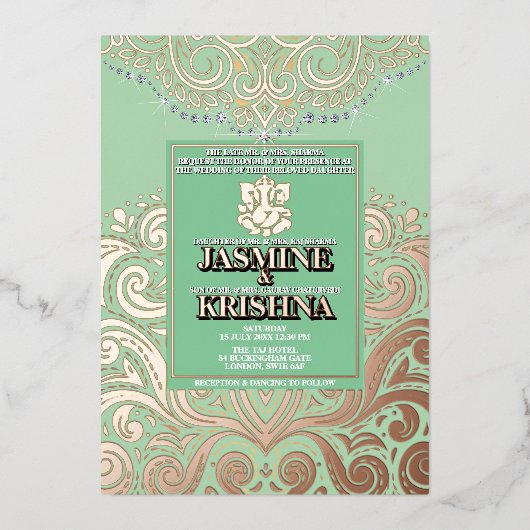 LuxGlitter Sage PinkGold Ganesha Hindoe bruiloft Folie Uitnodiging (Voorkant)