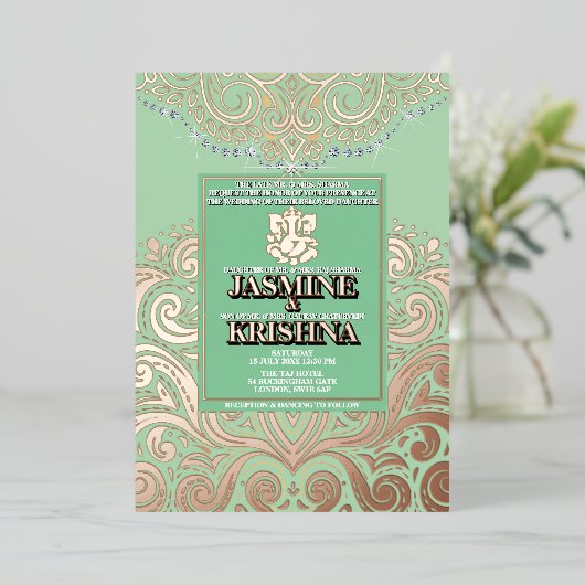 LuxGlitter Sage PinkGold Ganesha Hindoe bruiloft Folie Uitnodiging (Staand Voorkant)