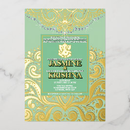 LuxGlitter Salie Groen Goud Ganesha Hindoe Huwelij Folie Uitnodiging