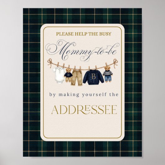 Luxsary Bear Plaid Baby Shower Help Mom Addressee Poster (Voorkant)