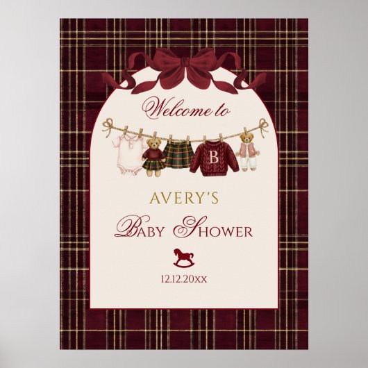 Luxsary Teddy Bear Baby Shower Girl Plaid Bow Poster (Voorkant)