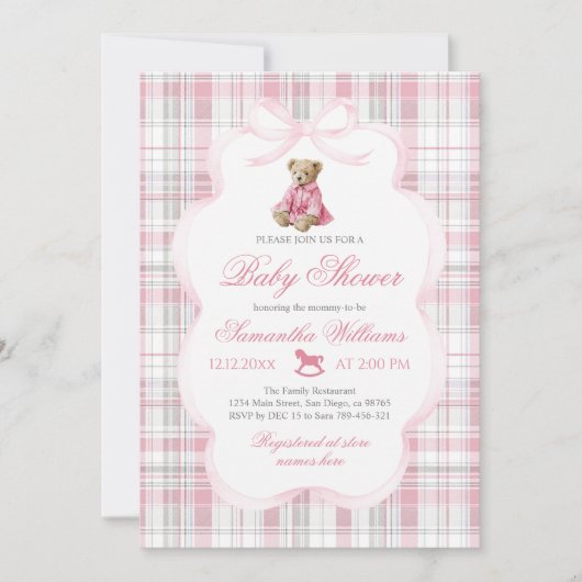 Luxsary Teddy Bear Pink Plaid Baby Girl Shower  Kaart (Voorkant)
