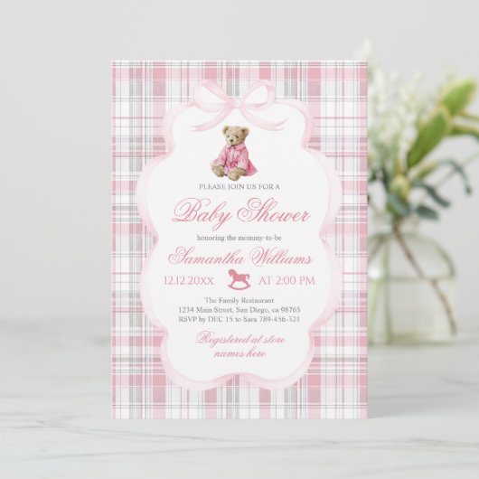 Luxsary Teddy Bear Pink Plaid Baby Girl Shower  Kaart (Staand voorkant)
