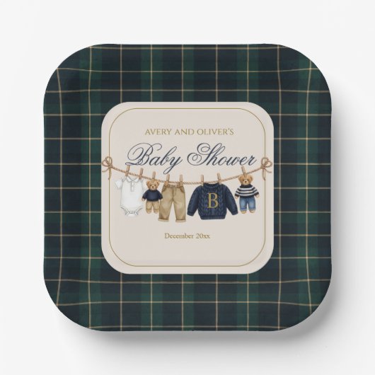 Luxsary teddybeer geruite babyshower papieren bord (Voorkant)