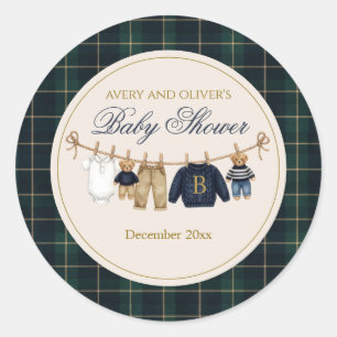 Luxsary teddybeer geruite babyshower papieren bord ronde sticker
