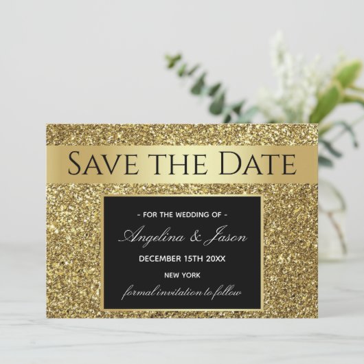 Luxueel zwart en goud bruiloft save the date (Staand voorkant)