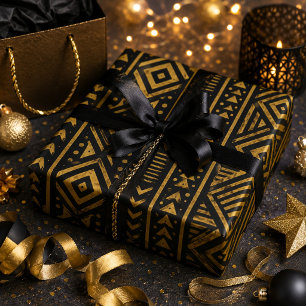 Luxueus Afrocentrisch Zwart en Goud Tribal Geometr Cadeaupapier