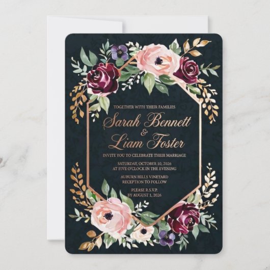 Luxueus bruine bloemen bruiloft uitnodiging templa (Voorkant)