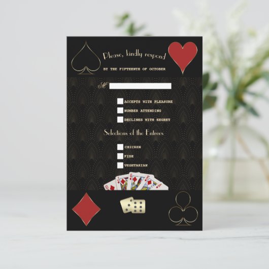 Luxueus Gatsby Casino Vegas Poker Bruiloft RSVP Kaartje (Staand voorkant)