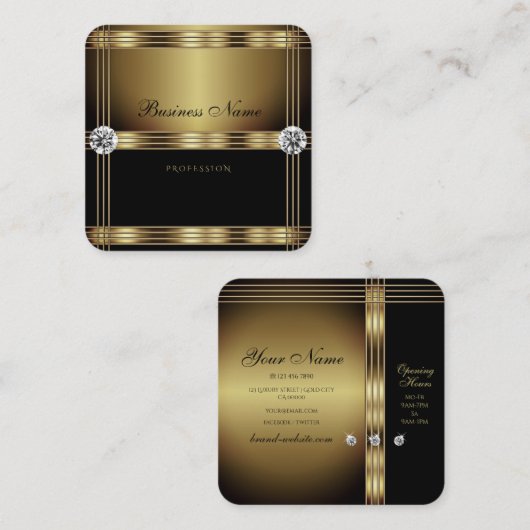 Luxueus goud en zwart met lumierige diamanten vierkante visitekaartje (Voorkant / Achterkant)