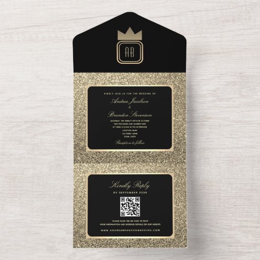 Luxueus gouden glitters en zwarte trouw all in one uitnodiging (Binnen)