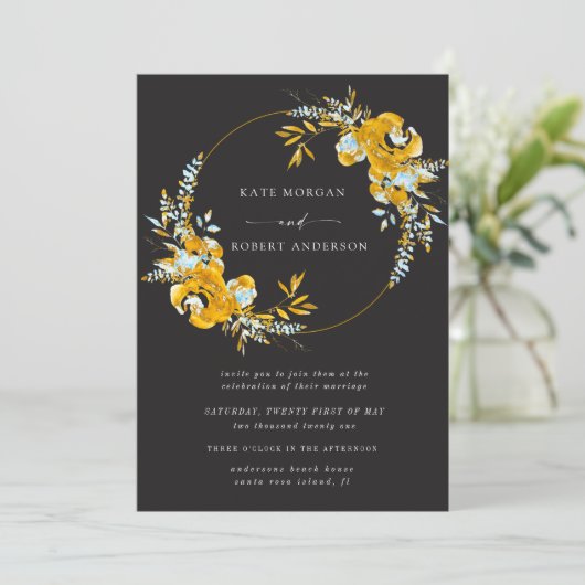 luxueus goudturquoise floral bruiloft uitnodiging (Staand voorkant)