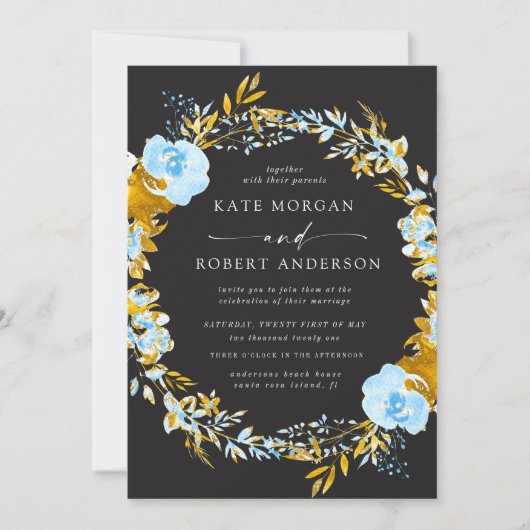 luxueus goudturquoise floral bruiloft uitnodiging (Voorkant)