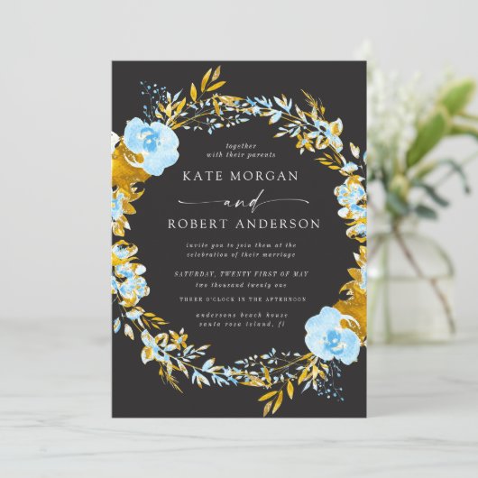 luxueus goudturquoise floral bruiloft uitnodiging (Staand voorkant)